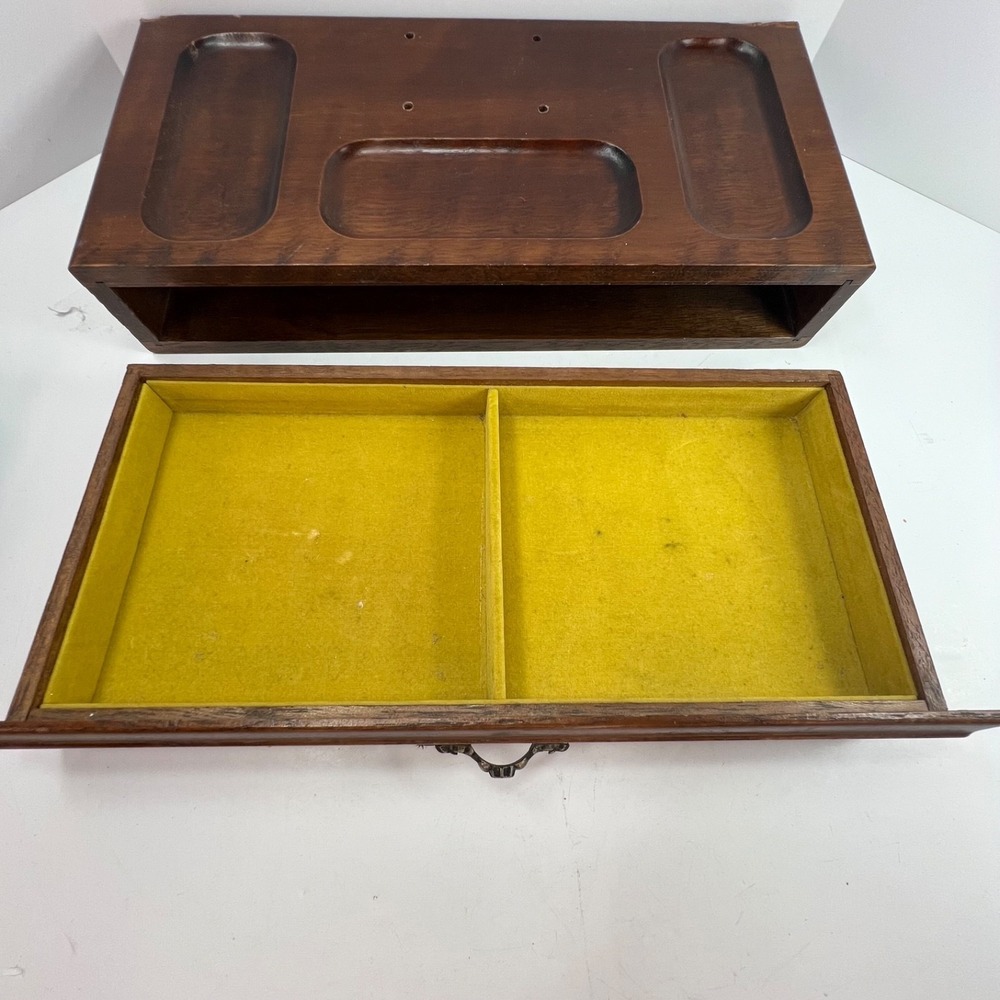 Vintage wood valet jewelry box with drawer ornate handle sunken depressions top - Picture 8 of 13